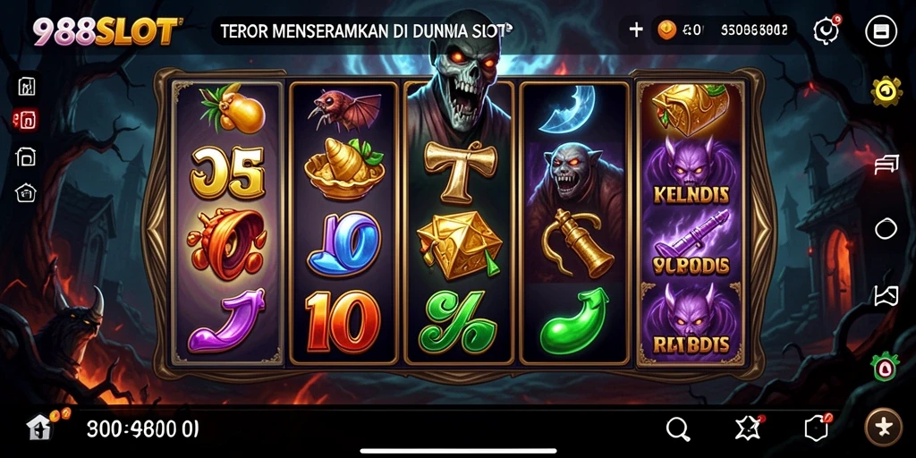 Tampilan menyeramkan gameplay 988SLOT dengan efek suara mencekam.