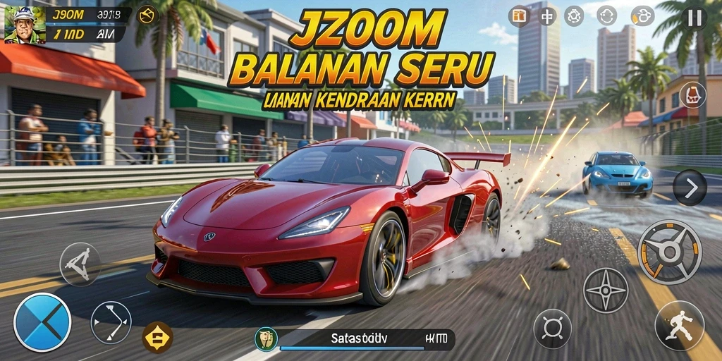Tangkapan layar gameplay J200M menampilkan balapan mendebarkan di lintasan yang bervariasi.