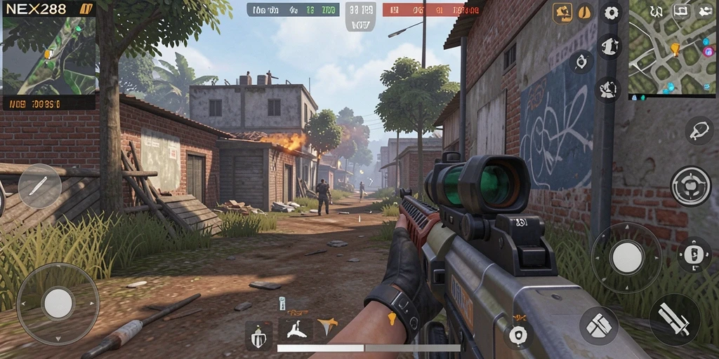 Screenshot gameplay <strong>NEX288</strong> menunjukkan aksi tembak-menembak yang intens.
