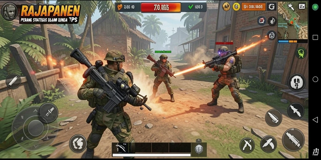 Tampilan gameplay intens di RAJAPANEN dengan aksi tembak-menembak yang seru.